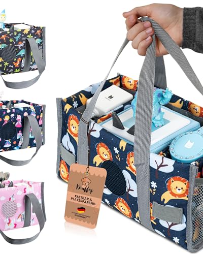 Knuffig Toniebox Tasche - Tragetasche für Toniebox & Zubehör, Aufbewahrung für Figuren, Musikbox Tasche für 2 Boxen, Abnehmbare Trennwände, Perfekt für Kinder & Reisen (Löwe) von Knuffig