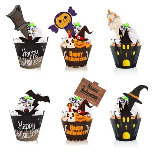 KOBOKO 48 Stück Halloween Cupcake Wrappers,Fledermäuse Muffin Deko,Halloween Cupcake Topper Papier,Muffinform Wrappers,Muffinförmchen Halloween Party Deko,Halloween Kuchen Deko,Halloween Deko Torte von Koboko