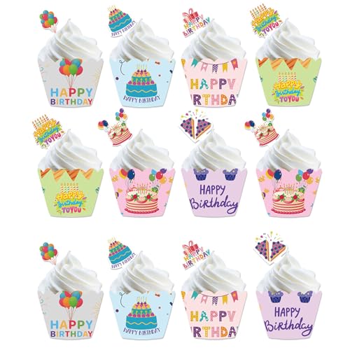 KOBOKO Happy Birthday Cupcake Wrapper,12 Set Cupcake Deko Geburtstag, Happy Birthday Kuchendeko Set,Muffin Deko Geburtstag,Happy Birthday Cupcake Topper für Kinder Geburtstag Party Deko von Koboko