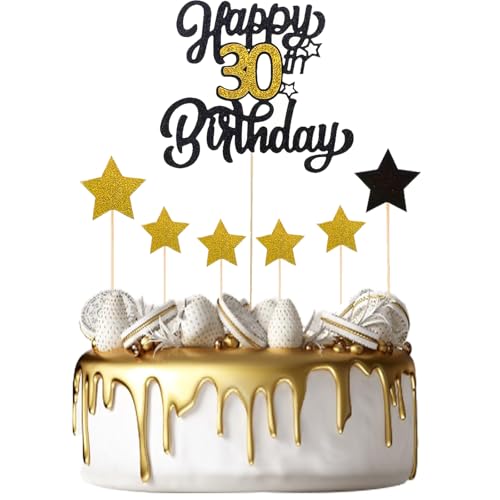 KOBOKO Torten Deko 30 Geburtstag, 7 Stück Cake Topper 30 Geburtstag, Happy 30th Birthday Kuchen Deko, Glitzer Tortendeko 30 Geburtstag Frau Mann, Schwarz Gold Torten Topper Geburtstag 30 Jahre von Koboko