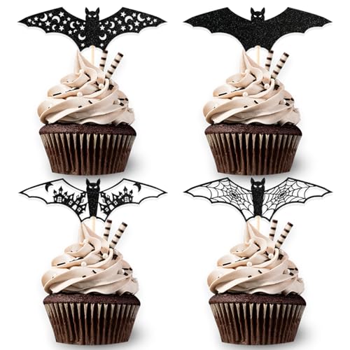 KOBOKO 24 Stück 3D Fledermaus Halloween Deko Torte,Glitzer Halloween Party Deko Fledermaus,Fledermaus Cupcake Toppers,Halloween Tortendeko Fledermaus,Horror Tortendeko Halloween Fledermaus Deko von Koboko