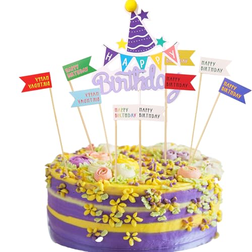 KOBOKO Happy Birthday Torten Deko, 10set Kuchendeko Geburtstag Mädchen Junge, 9 Stück Flagge Cake Topper Geburtstag, Happy Birthday Cake Topper für Kinder Junge Mädchen von Koboko