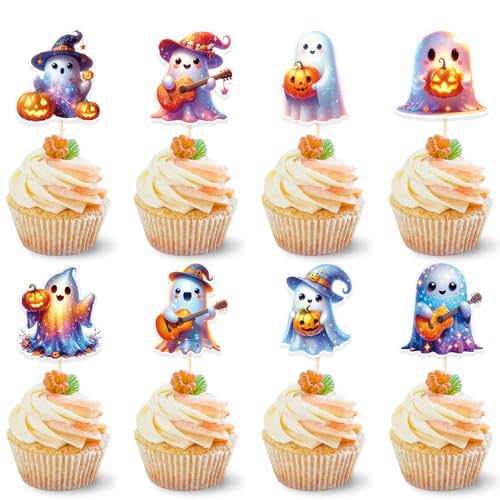 KOBOKO 24 Stück Ghost Halloween Deko Torte,Halloween Tortendeko Geist,Halloween Cupcake Toppers,Ghost Tortendeko Halloween Kuchen Deko,Halloween Muffins Deko,Geist Deko,Halloween Party Deko von Koboko