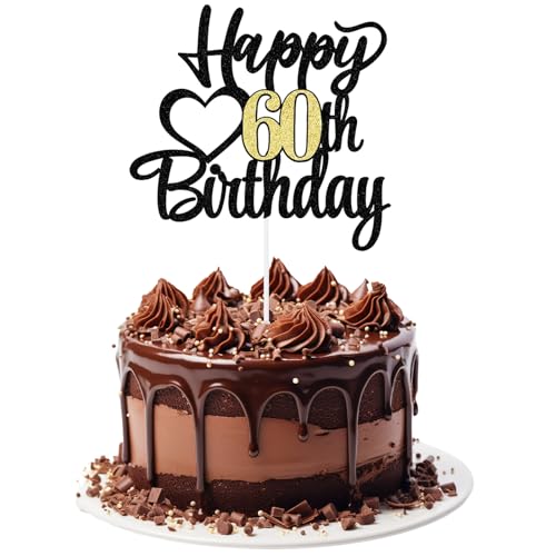 KOBOKO Tortendeko 60 Geburtstag, Happy Birthday Tortendeko, 60 Geburtstag Deko, Cake Topper 60 Geburtstag Deko, Tortendeko Geburtstag mit Schwarz-Goldener Ziehfahne von Koboko