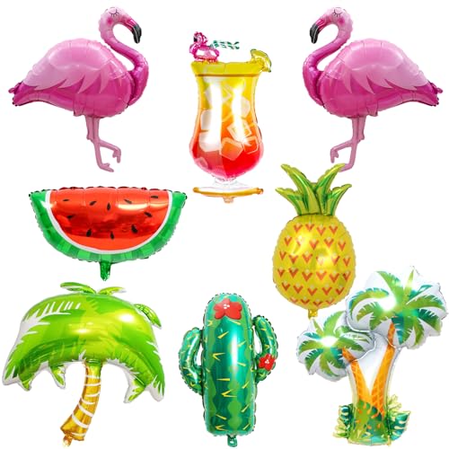 KOBOKO Flamingo Deko Folienballons, 8 Stk Hawaii Deko Folienballon Geburtstag, Hawaii Party Deko Flamingo Ananas Luftballons, Sommerfest Helium Ballons für Aloha Geburtstag Tropical Strandparty Deko von Koboko