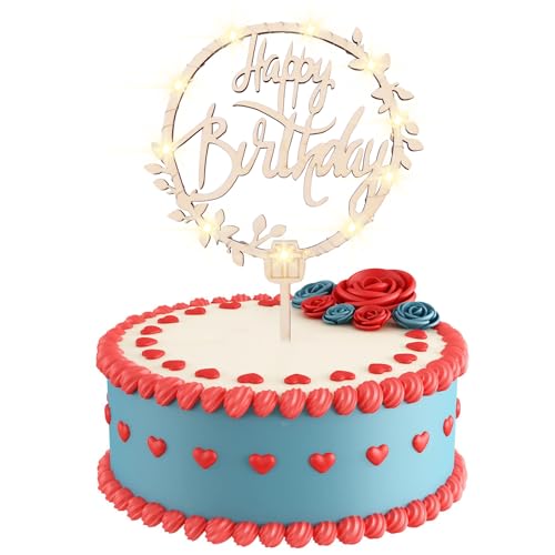 KOBOKO Happy Birthday Tortendeko mit Led Lichterkette, Holz Cake Topper Geburtstag, Tortendeko Geburtstag Mädchen Junge, Wiederverwendbar Kuchendeko Geburtstag, Beleuchtete Geburtstagskuchen Deko von Koboko