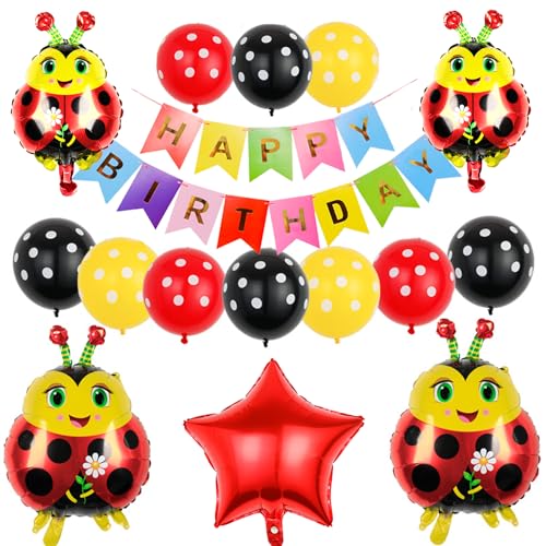 KOBOKO Marienkäfer Luftballons Deko Geburtstag, 16 Stück Marienkäfer Deko Ballon Banner, Folienballon Tiere Ladybug Geburtstag Deko, Rot Schwarz Marienkäfer Partyballons für Dschungel Geburtstag Deko von Koboko