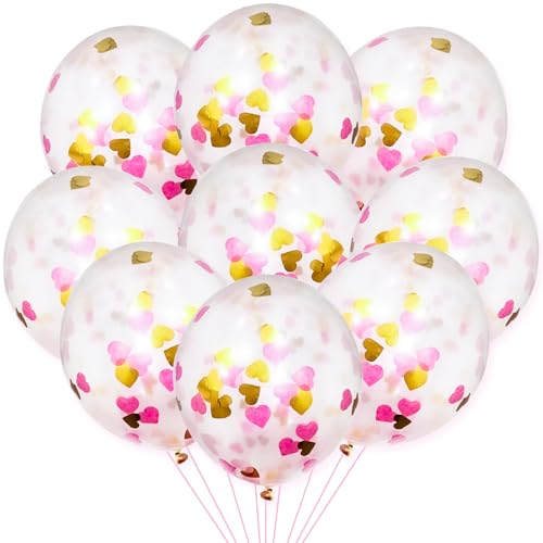 KOBOKO Rosa Luftballons Konfetti Geburtstag, 20 Stück Herz Konfetti Luftballons Geburtstag Deko, Konfetti Helium Ballons Gold Glitzer Hochzeit, Ballons für Mädchen Damen Hochzeit JGA Baby Party Deko von Koboko