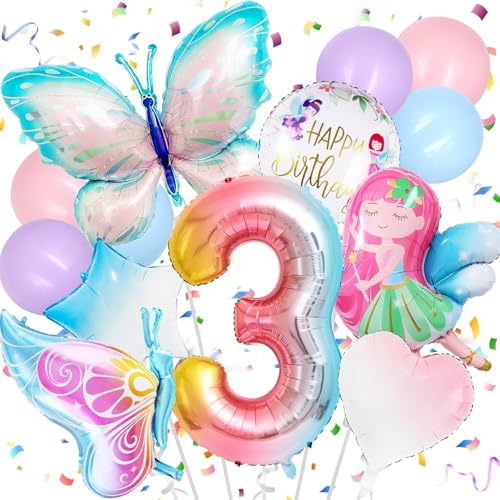 KOBOKO Schmetterling Deko 3. Geburtstag Mädchen, 13 Stück Luftballons Geburtstag 3 Deko Schmetterling, Deko 3. Geburtstag Mädchen Stern Folienballon, Luftballon 3 Jahre Mädchen Feen Geburtstag Deko von Koboko