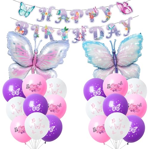 KOBOKO Schmetterling Deko Geburtstag Set, Schmetterling Folienballons Geburtstagsdeko Mädchen, Luftballon Schmetterlinge Deko Geburtstag Mädchen, Schmetterling Druck Ballon für Kindergeburtstag Deko von Koboko