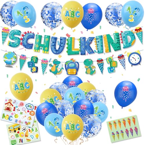 KOBOKO Schulkind Deko Junge, Einschulung Deko Junge Set, Luftballons Schulkind Deko Junge, Schuleinführung Deko, Schulanfang Deko Junge, SCHULKIND Banner, Zuckertüten Banner, Luftballons mit ABC 123 von Koboko