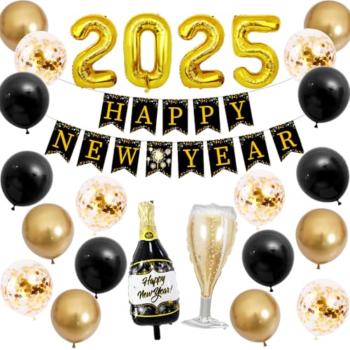 KOBOKO Silvester Deko 2025 Luftballon Set, Luftballons Schwarz Gold Happy New Year Deko Banner, Neujahr Deko Folienballon 2025, Silvester Party Deko 2025 Konfetti Ballons Gold, 2025 Neujahr Ballon Set von Koboko