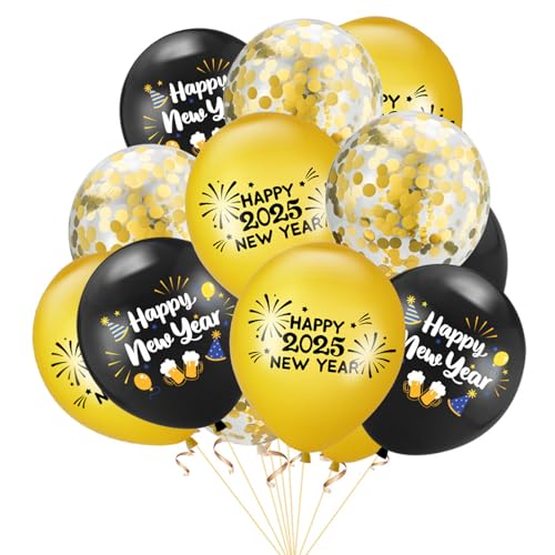 KOBOKO Silvester Deko 2025 Luftballons, 15 Stk Ballons Schwarz Gold Silvester Deko 2025 Party Set, Happy New Year 2025 Neujahr Latexballons, Konfetti Gold Helium Ballons Deko Party 2025 Neujahrsdeko von Koboko