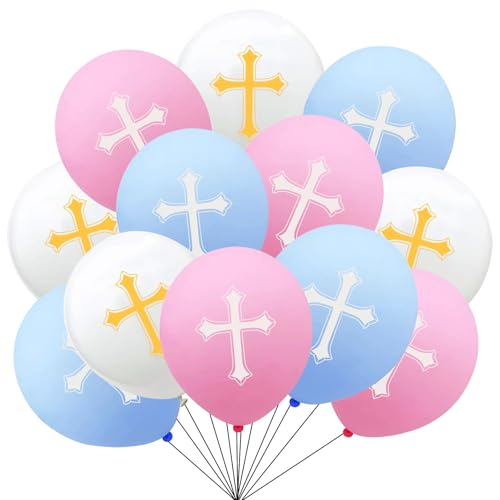 KOBOKO Taufe Deko Kreuz Luftballon, 12 Stk Kommunion Luftballons Deko Taufe Mädchen Junge, Taufdeko Ballons Rosa Blau Weiß, Meine Taufe Helium Ballon für Babyparty, Kommunion, Babyshower Party Deko von Koboko