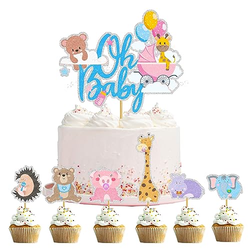 KOBOKO 7er Oh Baby Cake Topper,Oh Baby Deko,Happy Birthday Tortendeko für Mädchen Junge,Tiereinsätze für Baby-Geburtstagstorte,Happy Birthday Deko für Baby Shower Eine Gender Reveal Partydeko von Koboko