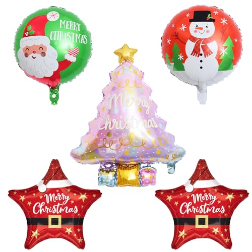 KOBOKO Weihnachtsdeko Luftballons Set, 5 Stück Weihnachtsbaumballons, Weihnachten Deko Weihnachtsballon Runde, Weihnachtsmann Ballon, folienballons Weihnachtsbaum für Weihnachtsdeko Kinder Party Deko von Koboko