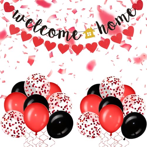 KOBOKO Willkommen Zuhause Deko, Welcome Home Baby Luftballons Rot Schwarz, Welcome Home Deko Ballon, Herzlich Willkommen Girlande Party Deko, Herz Folienballons Welcome Back Deko Einweihungsparty Home von Koboko