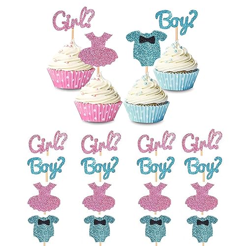 KOBOKO 12 Stücke Baby Cupcake Toppers,Boy Or Girl Deko,Gender Reveal Deko für Geburtstag Babyparty,Gender Reveal Party Deko für Baby Shower Kindergeburtstag,Toppers Glitter Blau und Rosa von Koboko