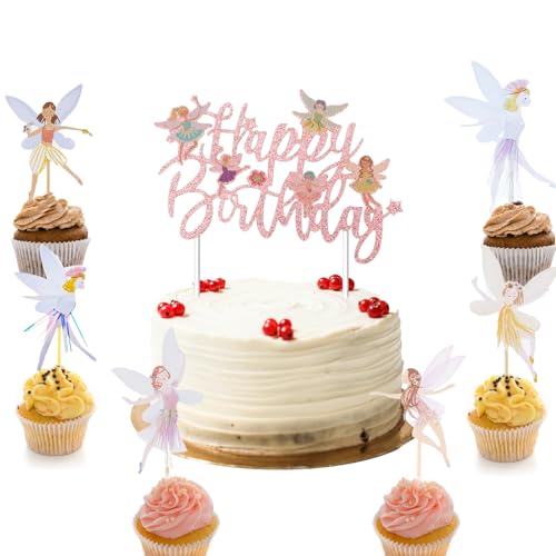 KOBOKO Feen Geburtstag Deko, Feen Tortendeko Geburtstag, Feen Cupcake Topper, Feen Kuchendeko, Rosa Geburtstag Tortendeko für Mädchen,Elfe Cake Topper Geburtstag, Happy Birthday Feen Kuchen Deko von Koboko