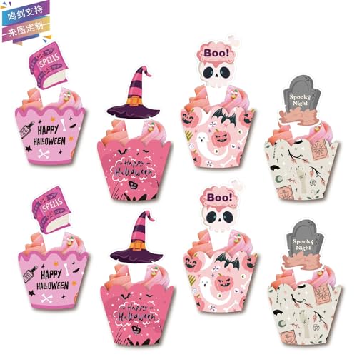 KOBOKO 48 Stück Halloween Cupcake Wrappers,Muffinförmchen Halloween Party Deko,Halloween Muffins Deko,Halloween Cupcake Toppers,Happy Halloween Cupcake Toppers Papier,Grabstein Deko Verpackung von Koboko