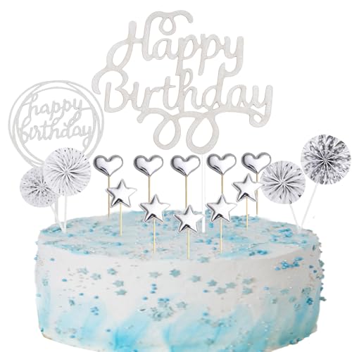 KOBOKO 16 Stück Silber Tortendeko Geburtstag, Cake Topper Happy Birthday, Silber Happy Birthday Kuchendeko, Glitzer Tortendeko für Geburtstag Mädchen Junge Mann Frauenay Kuchendeko von Koboko