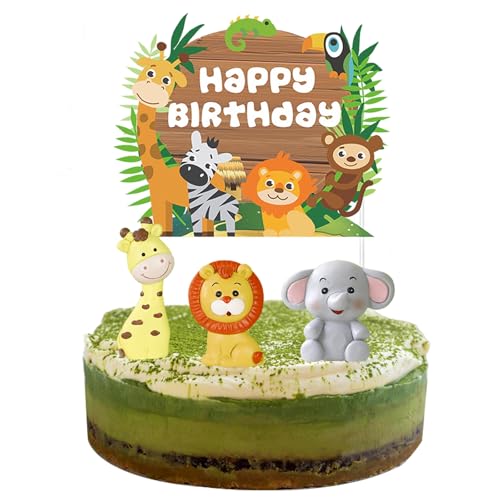 KOBOKO Safari Tortendeko Geburtstag,Happy Birthday Kuchendeko Tiere,Dschungel Deko Geburtstag,Giraffe Löwen Elefant Figure Waldtiere Tortendeko,Waldtiere Cake Topper für Kindergeburtstag Babyparty von Koboko