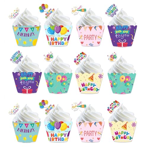 KOBOKO Cupcake Wrapper Geburtstag,12 Set Happy Birthday Cupcake Deko Set,Happy Birthday Kuchendeko,Muffin Deko Geburtstag,Happy Birthday Cupcake Topper für Kinder Geburtstag Party Deko von Koboko