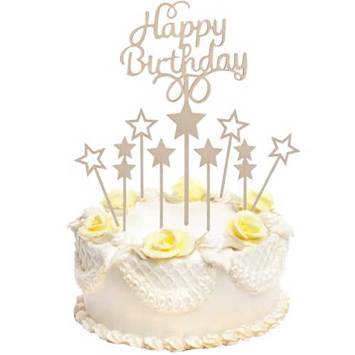 KOBOKO Holz Happy Birthday Cake Topper Geburtstag, Holz Hohl Sterne Deko, Holz Happy Birthday Tortendeko, 13 Stück Kuchendeko Geburtstag für Kinder und Erwachsene von Koboko