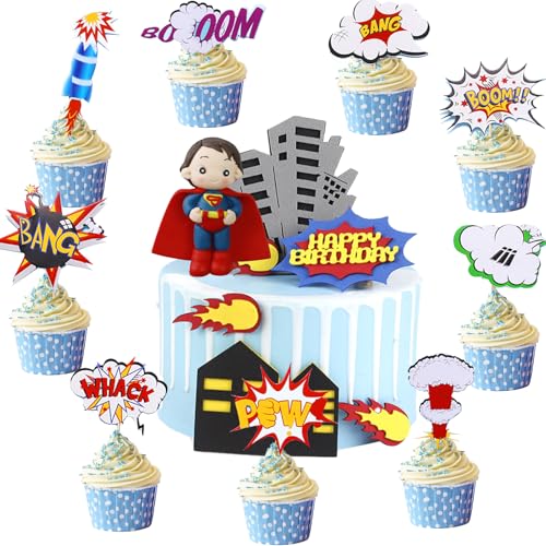 KOBOKO 36 Stück Superhelden Thema Happy Birthday Tortendeko, Superhelden Geburtstag Tortendeko, Superman Figur Cupcake Deko, Superhelden Cake Topper Für Kinder Geburtstag von Koboko