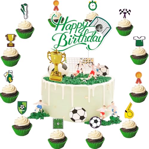 KOBOKO Tortendeko Fussball, Fussball Figuren Cake Topper, Fussball Cake Topper 3D Meisterschaftstrophäe, Fußbal Kuchen Deko, Fußball Tortendeko Geburtstag für Junge Geburtstag Party von Koboko