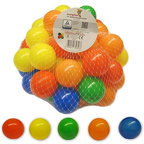 100 Bunte Plastikbälle Babybälle Bälle 5,5cm für Bällebad Bällchen Bad ohne gefährliche Weichmacher, 5 Farbenmix blau/grün/rot/gelb/orange von koenig-tom