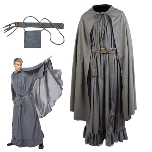 KoleGoe Herren Grau Zauberer Cosplay Kostüm Robe Umhang mit Gürtel Crossbody Tasche Zubehör Halloween Set von KoleGoe