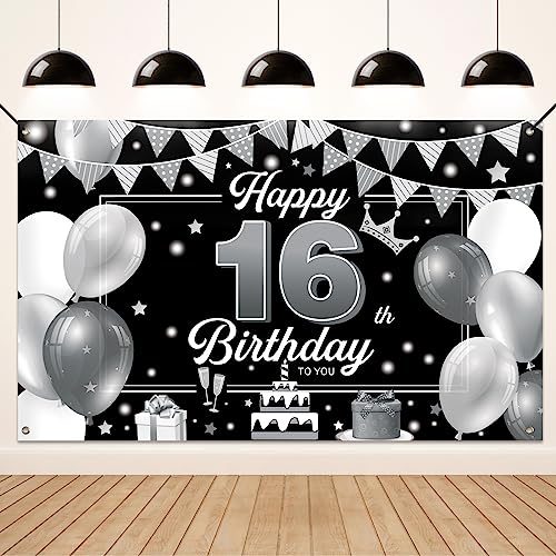 Koliphy 16. Geburtstag Deko, 16. Happy Birthday Banner für Jungen Mädchen, Silber Schwarz Stoff 16 Geburtstagsbanner Hintergrund Party Dekoration Drinnen und Draußen Koliphy 16. Geburtstag Deko, 16. Happy Birthday Banner für Jungen Mädchen, Silber Schwarz Stoff 16 Geburtstagsbanner Hintergrund Party Dekoration Drinnen und Draußen von Koliphy