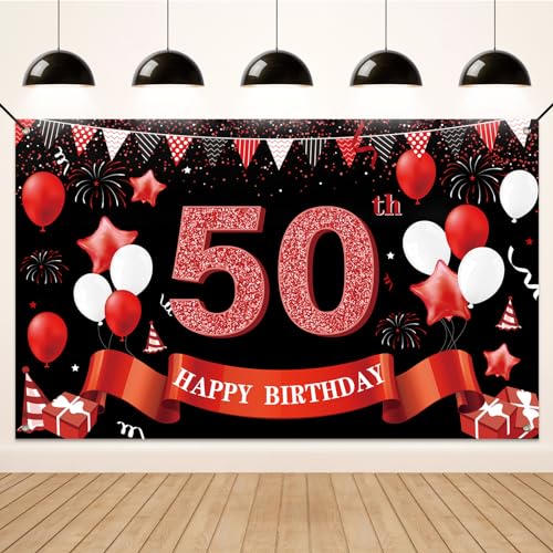 Koliphy 50. Geburtstagsdeko, 50. Happy Birthday Banner für Mann Frau, Schwarz Rot Stoff 50 Geburtstagsbanner Hintergrund Party Dekoration Drinnen und Draußen von Koliphy
