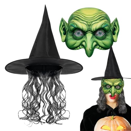 Koljkmh Halloween-Hexen-Perückenhut, Halloween-Hexen-Gesichtsbedeckung | Hexe Cosplay Gesichtsmaskerade | Karneval Cosplay Gesicht Maskerade Hexe Perücke Hut Erhöhen Sie die Halloween-Atmosphäre von Koljkmh