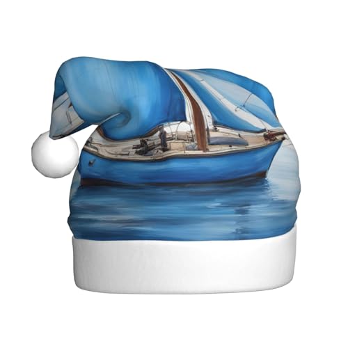 KoloQren Blaue Weihnachtsmütze mit Segelboot-Druck, geeignet für Weihnachten und verschiedene Urlaubsaktivitäten von KoloQren