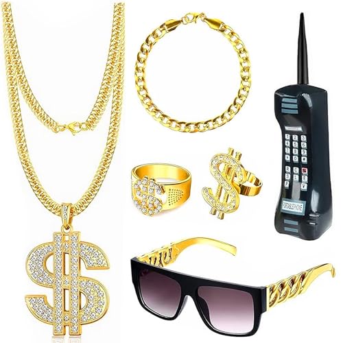 Komicea Zuhälter Kostüm Fasching 6er Set, 80er 90er Jahre Outfit Herren mit Gangster Gang Sonnenbrille Goldkette Dollar Ring Goldenes Armband, Kostüm Kit für Cosplay Karneval Fasching Thema Party von Komicea