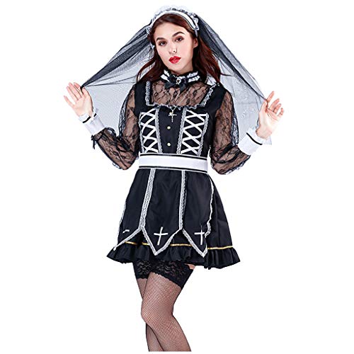 Komiseup Halloween Gothic Kostüme Damen, Oktoberfest Kostüme Damen, Karneval Halloween Cosplay Kostüme Damen Maskerade Kostüm Set Hexen Umhang Vampir Braut Hexe Nonne Anziehsets Lolita Kleid 06 von Komiseup