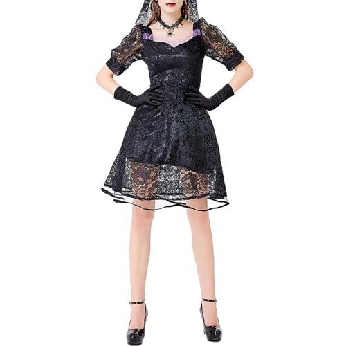 Komiseup Halloween Gothic Kostüme Damen, Oktoberfest Kostüme Damen, Karneval Halloween Cosplay Kostüme Damen Maskerade Kostüm Set Hexen Umhang Vampir Braut Hexe Nonne Anziehsets Lolita Kleid 34 von Komiseup