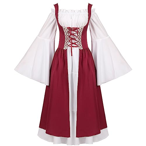 Komiseup Mittelalter Kleid Retro Viktorianische Renaissance Partykleid Mittelalter Kostüme Damen Cosplay Dress Gothic Hexenkleid Halloween Karneval Kostüm Vintage Fasching Kleid Set Große Größen 64 von Komiseup