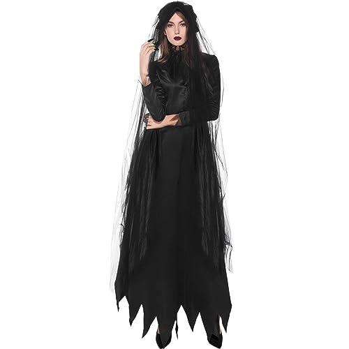 Ghost Corpse Bride Kostüm für Frauen Halloween Cosplay Kleid Gothic Korsett Kleid mit Schleier Spitze Mesh Splice Kleider Halloween Leiche Braut Kostüme Erwachsene Zombie Geist Cosplay Fancy Party von KonJim