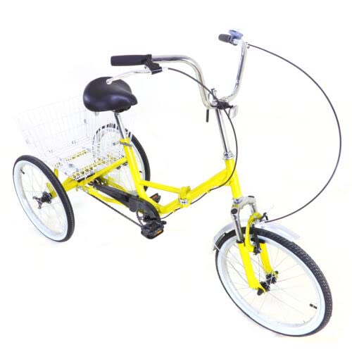 Konfiur Dreirad, 20 Zoll 1-Gänge Dreirad für Erwachsene, 3-Rad Fahrrad mit Korb, U-Typ Klappbar Tricycle für Erholung Einkaufen Picknicks Reisen, Gelb von Konfiur