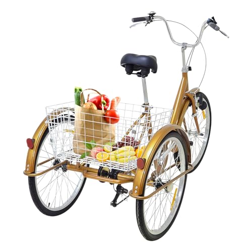 Konfiur Dreirad, 6 Geschwindigkeiten Tricycle, 3 Räder Fahrrad Erwachsene mit Einkaufskorb, 3 Räder Fahrrad für Erwachsene Picknicks Anfänger Geeignet, Gold von Konfiur