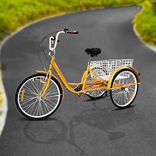 Konfiur Kettenschutz Fahrrad 24 Zoll, 6 Gang Tricycle, 3 Räder Fahrrad Erwachsene mit Einkaufskorb Rückenlehne, Einkauffahrrad Bike, 3 Räder Fahrrad für Erwachsene Picknicks Anfänger Geeignet, Gelb von Konfiur