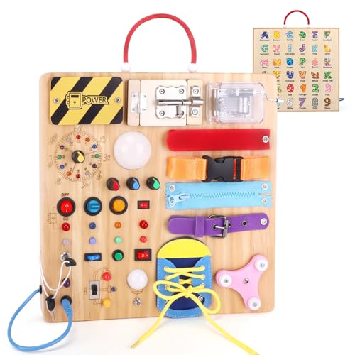 23 in 1 Montessori Spielzeug ab 1 jahr Busy Board Activity Board Spielzeug ab 2 jahre Holzspielzeug mit 15 Schalter, 26 LED-Leuchten ,Spieluhr, Schloss, Schnürsenkeln, Reißverschluss Sensory Spielzeug von Konijiwa