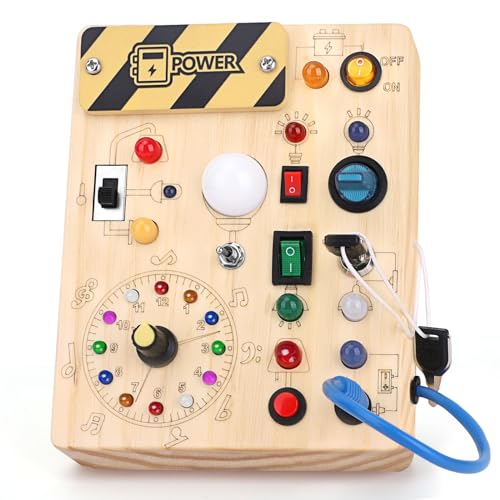 Busy Board Montessori Spielzeug Activity Board Sensorik Spielzeug Mit 10 Schaltern und 23 LED Lichtern Holzspielzeug Motorikspielzeug für Babys und Kinder ab 1 2 3 4 Jahre Jungen und Mädchen von Konijiwa