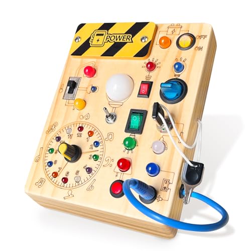 Konijiwa Montessori Busy Board 1 Jahr alt Kinder Activity Board Holzspielzeug mit 8 LED-Lichtschalter Spielzeug Sensory Learning Toys Geeignet für 1 2 3 4 Jahre alte Babys (‎LED Clock Busy Board) von Konijiwa