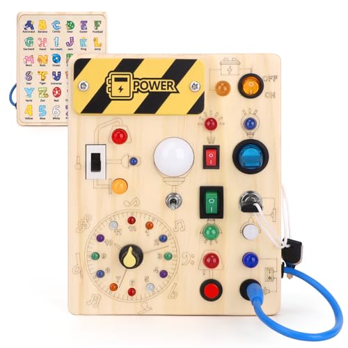 Konijiwa Montessori Busy Board 1 Jahr alt Kinder Activity Board Holzspielzeug mit 8 LED-Lichtschalter Spielzeug Sensory Learning Toys Geeignet für 1 2 3 4 Jahre alte Babys (‎LED Clock Busy Board) von Konijiwa