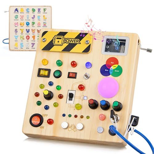 Konijiwa Montessori Spielzeug ab 1 Jahr Busy Board Activity Board Spielzeug ab 2 Jahre Holzspielzeug mit 13 Schalter 24 LED-Leuchten Spielzeug Sensory Learning Toys von Konijiwa