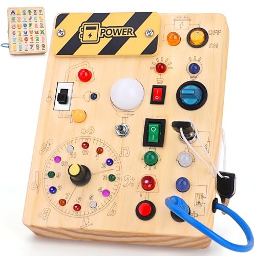 Konijiwa Montessori Spielzeug ab 1 Jahr Busy Board Activity Board Spielzeug ab 2 Jahre Holzspielzeug mit 10 Schalter 23 LED-Leuchten Spielzeug Sensory Learning Toys für 1 2 3 Jahre Jungen und Mädchen von Konijiwa